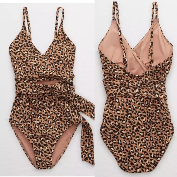 aerie Swim Aerie Leopard Print Wrap One Piece Full Coverage
